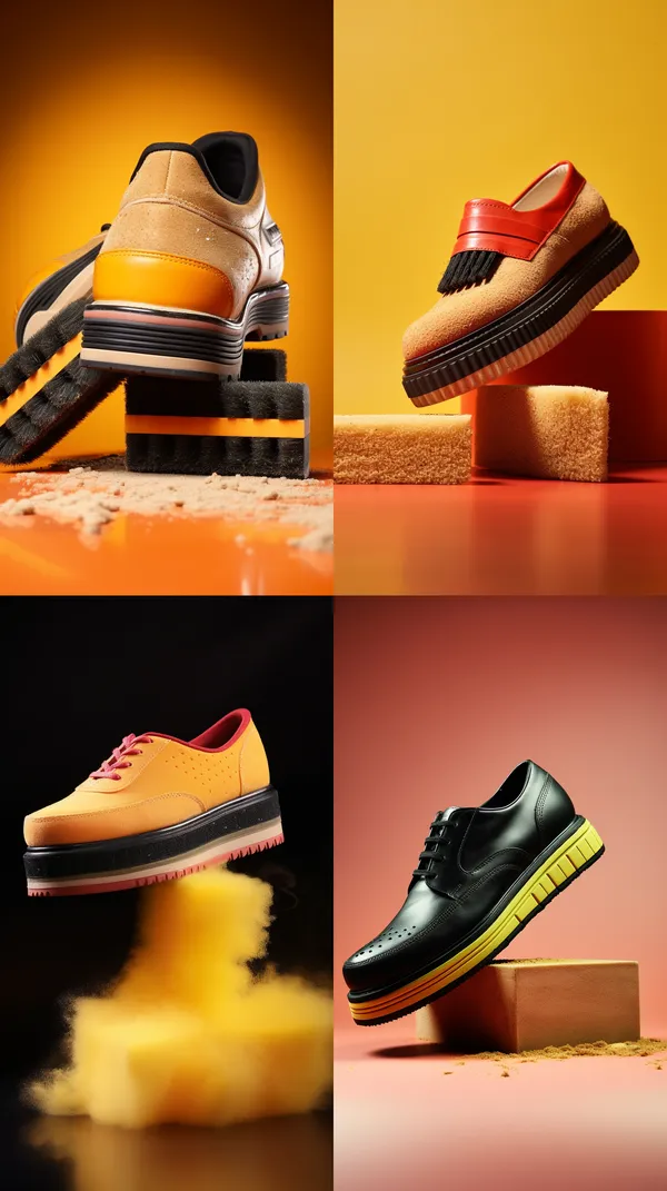 /imagine The shoes step on the soft sponge and the sponge dents, an advertising picture --relax --aspect 9:16 --version 5.2 --style raw --quality 1 --stylize 100 --no water