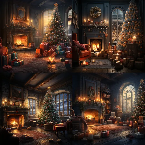 /imagine This Christmas poster shows a cozy fireplace scene. The room is decorated with flashing lights and colorful decorations to create a strong festive atmosphere and enjoy this warm evening. There is a tall and straight Christmas tree in the room, the tree is filled with colorful lights and gift boxes, and the white snow is piled under the tree. Snow was falling in the sky, lighting up the whole night. The poster reads "Merry Christmas" in bold lettering, and the whole picture is full of fashion and warmth, revealing the unique happy and peaceful atmosphere of Christmas. --relax --aspect 1:1 --version 5.2 --style raw --quality 2 --stylize 750