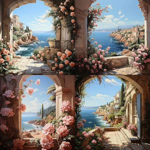 /imagine An oil painting, three-dimensional, with a dense Sicilian rose, sea, rose arch, oil painting, --relax --aspect 1:1 --version 5.2 --style raw --quality 2 --stylize 750
