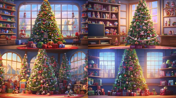 /imagine The scene is from the movie Toy Story 3, in the toy store where Lotso resides. On the left side of the screen, there stands a massive Christmas tree adorned with colorful lights. Behind it, shelves are packed with toys of all sizes, creating a cinematic touch with added Christmas elements.，The background has no windows.--relax --aspect 16:9 --version 5.2 --style raw --quality 2 --stylize 100 --no people,animal