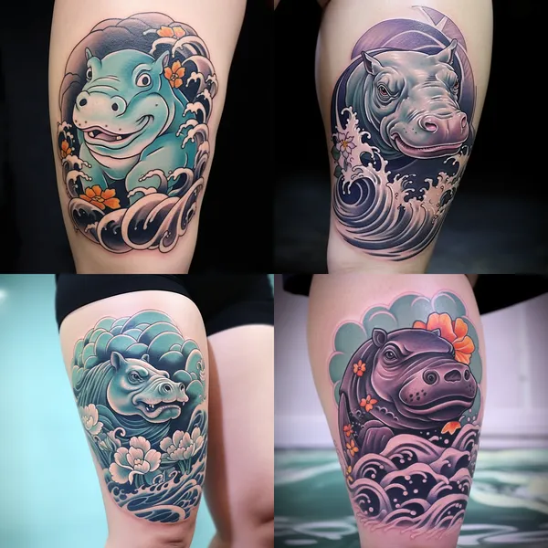 /imagine Lower leg tattoo 
A cute baby hippo with a Japanese transitional style and wave background 
 --relax --aspect 1:1 --version 5.2 --quality 1 --stylize 100