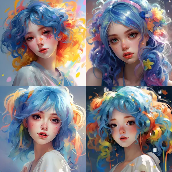 /imagine a blue, girl with colorful hair, in the style of yanjun cheng, clowncore, 32k uhd, painted illustrations, close up, lively tableaus, kawaii art HD 8K --relax --aspect 1:1 --version 5.2 --quality 1 --stylize 100