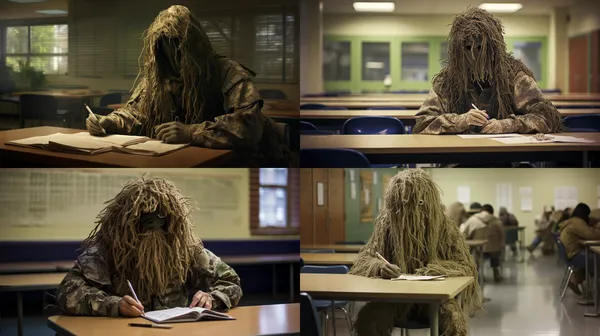 /imagine A student in ghillie suit picks up pen at school --relax --aspect 16:9 --version 5.2 --quality 1 --stylize 100
