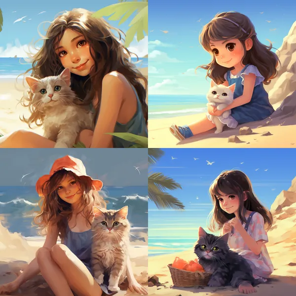 /imagine Cute cat and girl at the beach --relax --aspect 1:1 --version 5.2 --quality 1 --stylize 100