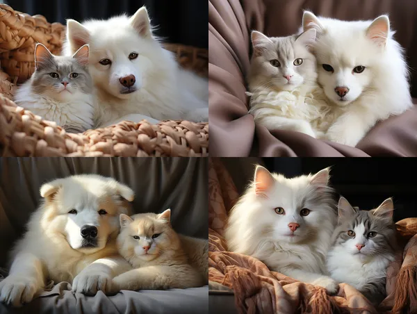 /imagine In a serene setting, a Samoyed and a British Shorthair cat share a deeply touching friendship. The Samoyed's fluffy exterior contrasts with the short fur of the British Shorthair, creating a visual masterpiece. The dog lies in a cozy nook, radiating tranquility and contentment.With elegance, the cat gracefully maneuvers around the Samoyed, their unique qualities resembling a work of art. Perhaps it's the gentle touch of the dog's nose against the cat or the cat delicately patting the dog's fur – these subtle moments capture the profound emotions between them. In this scene, the warmth of their bond is palpable, and the love they emanate creates an atmosphere of harmony and joy. --relax --aspect 4:3 --version 5.2 --style raw --quality 2 --chaos 8 --stylize 900