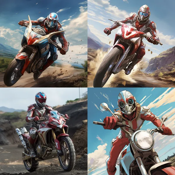 /imagine Ultraman rides a motorcycle --relax --aspect 1:1 --version 5.2 --quality 1 --stylize 100