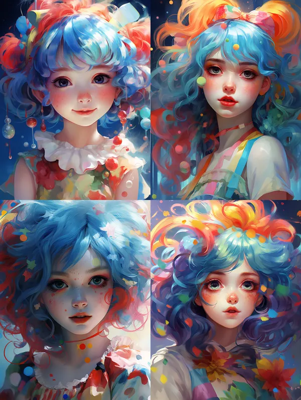 /imagine a blue, girl with colorful hair, in the style of yanjun cheng, clowncore, 32k uhd, painted illustrations, close up, lively tableaus, kawaii art HD 8K --relax --aspect 3:4 --version 5.2 --quality 1 --stylize 100