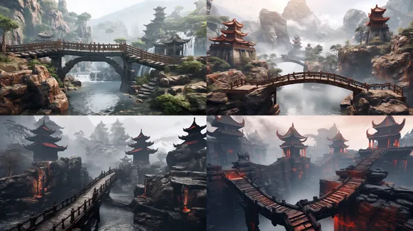 /imagine the bridge to Hell，ancient Chinese architecture，the nether world，A gloomy scene，Chinese ancient theme, water&ink style, highly detailed, clean lines, cinematic, stunning, realistic lighting and shading, vivid, unreal engine ,very detailed ,concept art，super-resolution, detail enhancement, 8k --relax --aspect 16:9 --version 5.2 --quality 2 --stylize 100 --no lantern，people