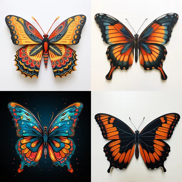 /imagine a flat butterfly  --relax --aspect 1:1 --version 5.2 --quality 1 --stylize 100