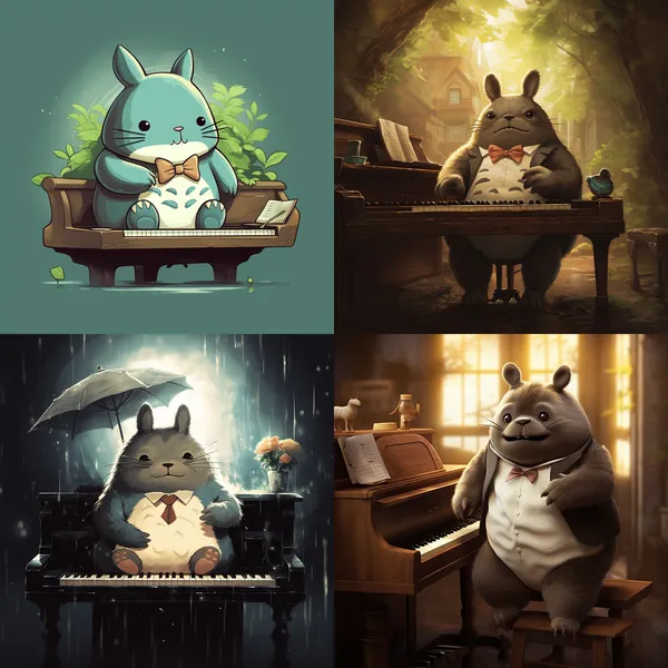 /imagine cute totoro play piano wearing suit --relax --aspect 1:1 --version 5.2 --quality 1 --stylize 100