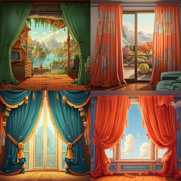 /imagine Cartoon curtains --relax --aspect 1:1 --version 5.2 --quality 1 --stylize 100