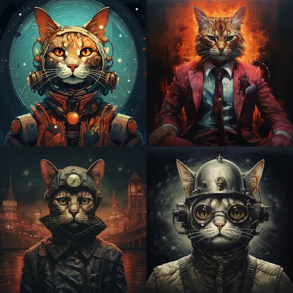 /imagine Cathead Man --relax --aspect 1:1 --version 5.2 --quality 1 --stylize 100