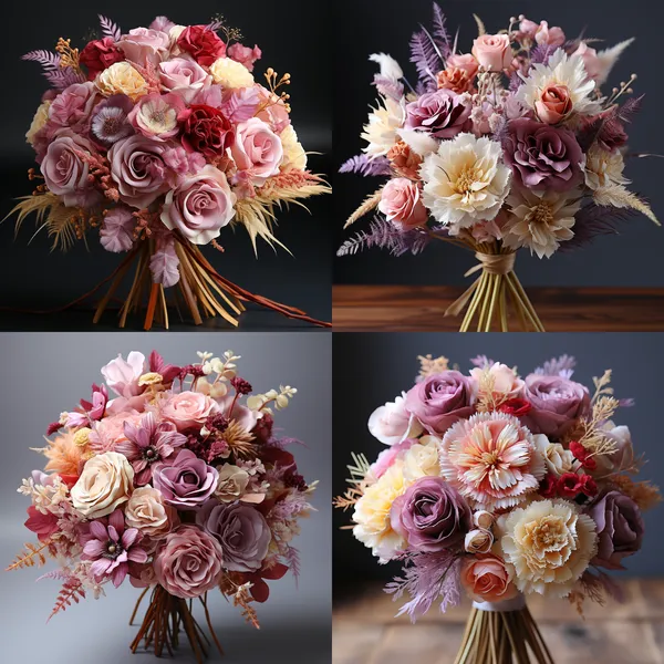 /imagine Dried Flower Bouquet | Eternal Flower Arrangement - Bridal Bouquet Floral Design:Size: Approximately 30 cm in height, 25 cm in width.Materials: Eternal flowers, dried flowers.Flower Combination: Pink carnations, light purple petal-edged carnations, deep red roses, deep red carnations, white petal-edged carnations, light pink carnations, pale purple petal-edged carnations. The floral arrangement aims to create a romantic atmosphere.Handle Design:Adorned with a delicately crafted satin ribbon.Craftsmanship:Meticulously handcrafted, showcasing the artistry of each flower.Visual Design:Brand Font: Customized Eleva Simp font.Visual Elements: Primarily featuring a soft pink color palette, creating a gentle and romantic atmosphere.Card Design:Content: Handwritten heartfelt wishes.Materials: High-quality cardstock, adding a sense of sophistication.Through meticulous and exquisite handcrafting, this Bridal Bouquet Design highlights a delicate appearance, emphasizing the romantic essence of love, solace, care, and understanding. --relax --aspect 1:1 --version 5.2 --style raw --quality 2 --chaos 2 --stylize 900