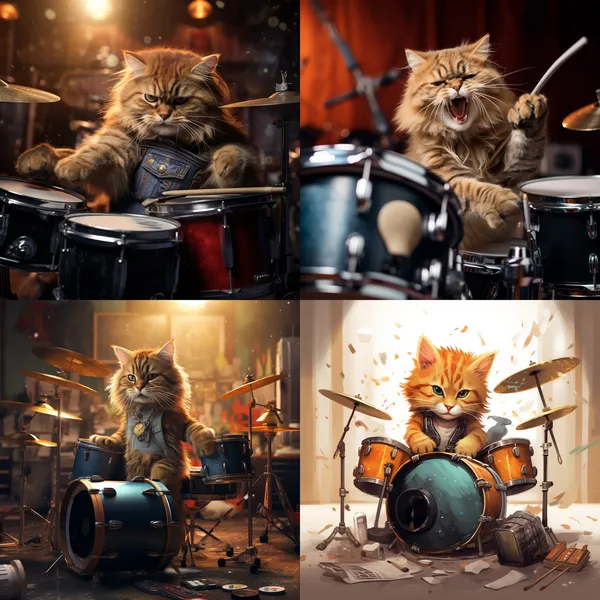 /imagine a cute cat playing drums --relax --aspect 1:1 --version 5.2 --quality 1 --stylize 100