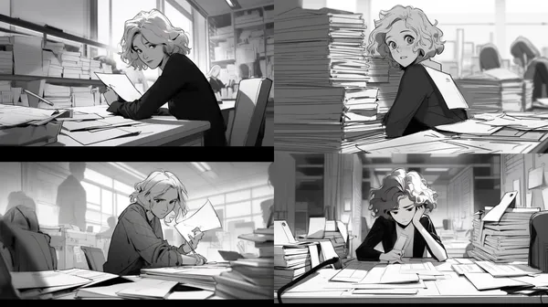 /imagine Black and white picture，sketch style，Character working at desk，Essay drawing，woman，in the office，There are files on the desktop，Back to camera --relax --aspect 16:9 --niji 5 --quality 0.5 --stylize 100 --no computer