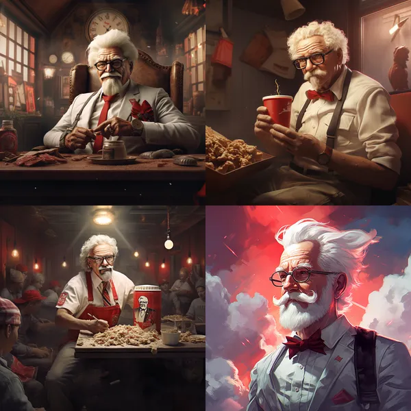 /imagine KFC --relax --aspect 1:1 --version 5.2 --quality 1 --stylize 100