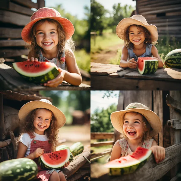/imagine a little girl eating watermelon on a farm, by Maria Hernandez, unsplash, joyful expression, green fields, sunny day, bright colors, rustic atmosphere, wooden fence, straw hat, freckles, pure happiness, blissful moment --relax --aspect 1:1 --version 5.2 --quality 1 --stylize 100
