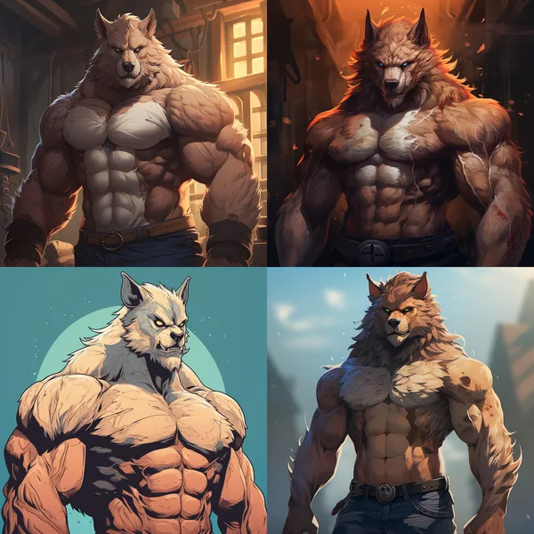 /imagine a muscle wolf furry --relax --aspect 1:1 --version 5.2 --quality 1 --stylize 100