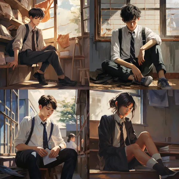 /imagine A beautiful boy from East Asian high school wearing a school uniform and Vans canvas shoes, exposing slender ankles, fair skin, delicate facial features, high nose bridge, and pointed face sat on a classroom desk and was touched by a classmate's ankle --relax --aspect 1:1 --version 5.2 --quality 1 --stylize 100