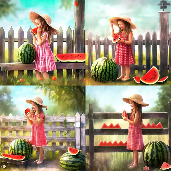 /imagine a little girl eating watermelon on a farm, by Maria Hernandez, unsplash, joyful expression, green fields, sunny day, bright colors, rustic atmosphere, wooden fence, straw hat, freckles, pure happiness, blissful moment --relax --aspect 1:1 --niji 5 --style cute --quality 1 --stylize 250 --no 一張