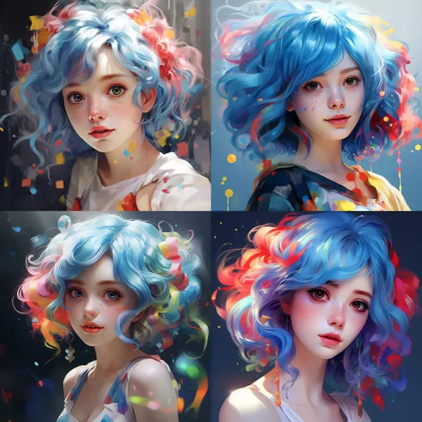 /imagine a blue, girl with colorful hair, in the style of yanjun cheng, clowncore, 32k uhd, painted illustrations, close up, lively tableaus, kawaii art HD 8K --relax --aspect 1:1 --version 5.2 --quality 1 --stylize 100