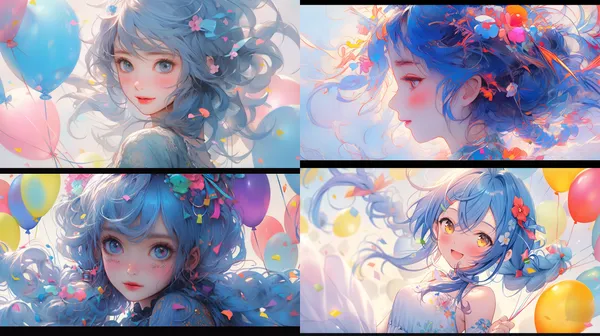 /imagine a blue, girl with colorful hair, in the style of yanjun cheng, clowncore, 32k uhd, painted illustrations, close up, lively tableaus, kawaii art HD 8K，whole body --relax --aspect 16:9 --niji 5 --quality 1 --stylize 100