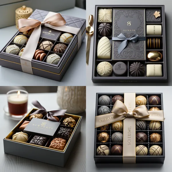 /imagine Design Elements:Color Palette:Subtle beige, sophisticated gray, and luxurious gold create a noble and elegant visual effect.Typography and Details:Gold font and intricate details accentuate the brand and quality of the chocolates.Box Shape:A square box design, simple yet practical, convenient for both carrying and storage.Chocolate Arrangement:Neat and orderly placement of chocolates, each type having its designated spot for easy selection and tasting.Chocolate Decorations:Exquisite and colorful chocolate decorations showcase the diversity and richness of flavors, textures, designs, and fillings.Box Design Content:Inclusion of ElevaSimp brand name, slogan, logo, and images of chocolates for a comprehensive and professional overall design.Overall Visual Impact: Detailed presentation of chocolates, highlighting surface textures, top decorations, internal fillings, and color contrasts, making the chocolates visually appealing and delicious. Ideal as a gift or personal indulgence, this chocolate box not only satisfies diverse tastes but also pleases the eyes with its aesthetic design. --relax --aspect 1:1 --version 5.2 --style raw --quality 2 --chaos 5 --stylize 900