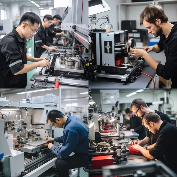 /imagine The production workshop of laser marking machines is operated by workers, with a sense of industry and cleanliness --relax --aspect 1:1 --version 5.2 --quality 1 --stylize 100