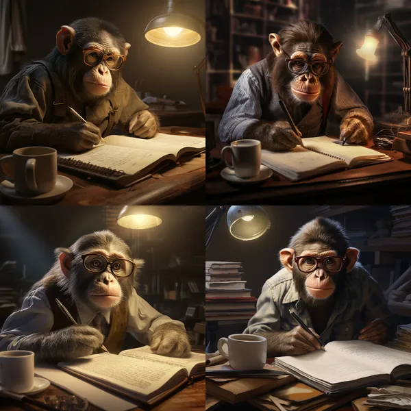 /imagine Monkey doing homework --relax --aspect 1:1 --version 5.2 --quality 1 --stylize 100