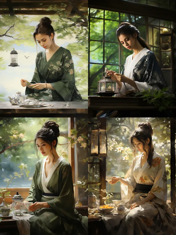 /imagine Tranquil tea garden, Traditional attire, Graceful tea ceremony, Elegant tea utensils, Delicate rain and falling leaves, Rapt audience, Peaceful ambiance, Timeless serenity --relax --aspect 3:4 --version 5.2 --quality 1 --stylize 250