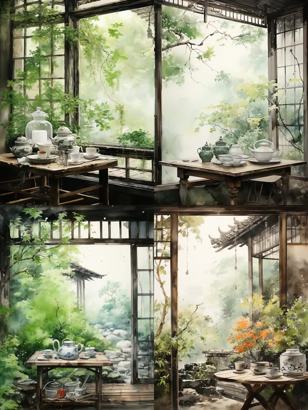 /imagine Tranquil tea garden, Graceful tea ceremony, Elegant tea utensils, ink painting，indoor ,Delicate rain and falling leaves, Peaceful ambiance, Timeless serenity --relax --aspect 3:4 --version 5.2 --quality 1 --stylize 250 --no man , girl