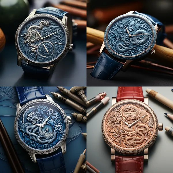/imagine Draw a watch, and the brand is Longines, and the dial is embossed with a flying Chinese-style dragon, and the leather strap is blue  --relax --aspect 1:1 --version 5.2 --quality 1 --stylize 250