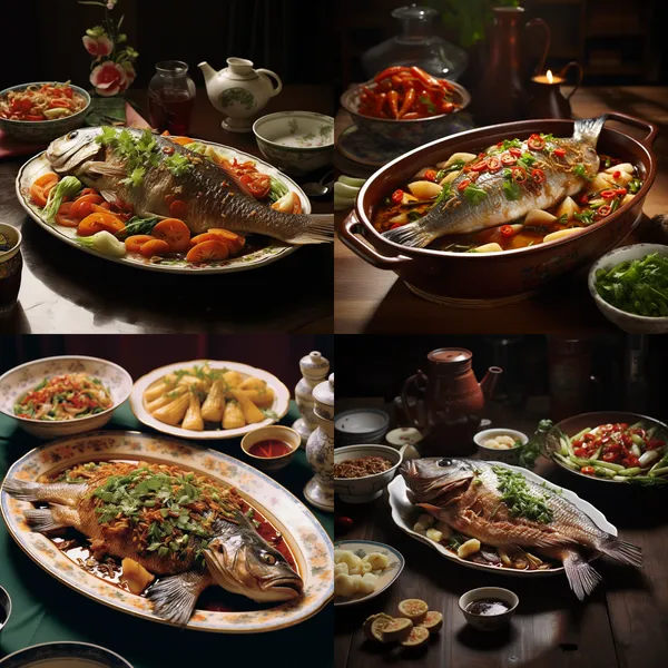 /imagine Home cooking Cooking a few good family heirloom dishes, such as "fish" (yu), is a sign of good fortune for the coming year. --relax --aspect 1:1 --version 5.2 --quality 1 --stylize 100