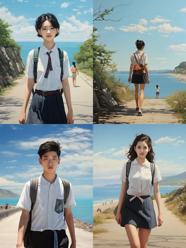/imagine In spring, a youthful chinese high school student walking along an empty seaside road. --relax --aspect 3:4 --version 5.2 --quality 1 --stylize 100 --no car