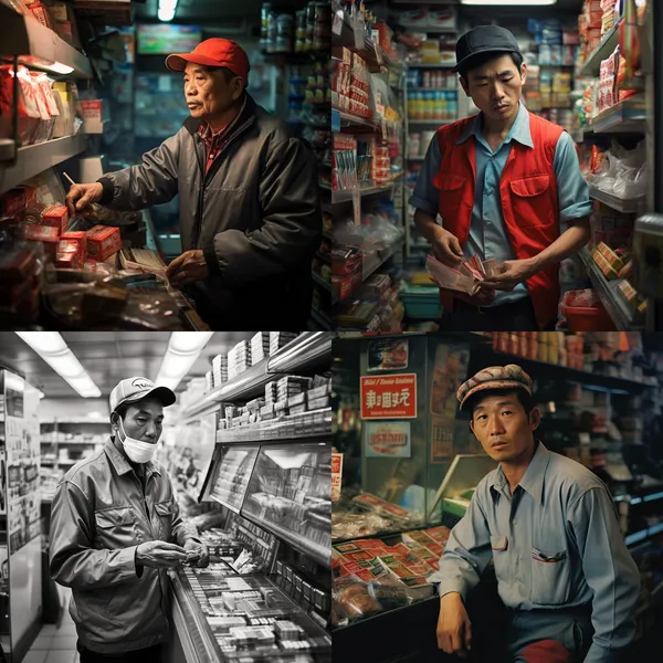 /imagine a hong kong construction worker, buying a pack of cigarette, in a convenient store --relax --aspect 1:1 --version 5.2 --quality 1 --stylize 100 --iw 1.4