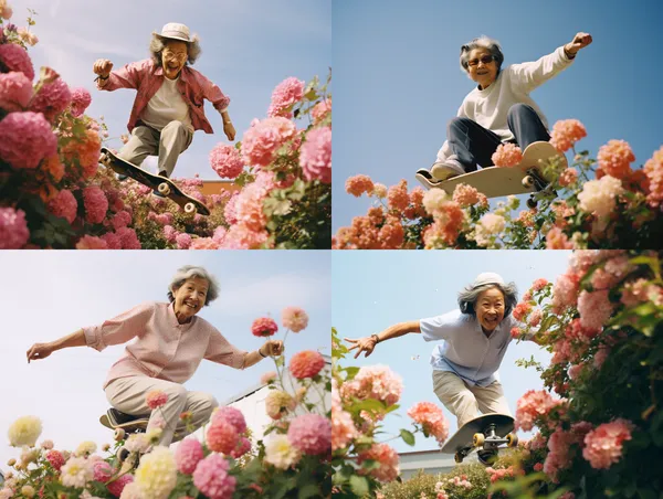 /imagine Sixty year old Chinese mother playing skateboarding, smiled, surrounded by flowers, art by Rinko kawauchi, in the style of naturalistic poses, low angle, youthful energy, body extensions, analog film, super detail, dreamy lofi photography, colourful, volumetric lighting, shot on kodachrome, shot on fujifilm XT4 rich in detail, 8k --relax --aspect 4:3 --version 5.2 --quality 1 --stylize 100