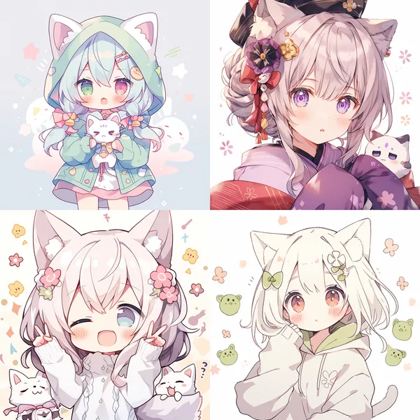 /imagine a cute cat --relax --aspect 1:1 --niji 5 --quality 2 --stylize 100