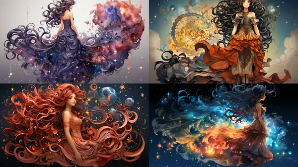 /imagine Title: Fantasy Star: Maiden and Aries
Detailed Description:
Style: Anime style with sharp lines and full of colours.
Main Character: Anime style girl
Hair: Long hair flowing gently in a gravity-defying environment.
Expression: Smiling, with a look of curiosity about the mysteries of the universe in her eyes.
Clothing: Wearing a galactic dress with a starry hemline.
Pose: Lightly "standing" on her feet in the night sky, with a zero-gravity elegance.
Background: Cosmic stars
Texture: A deep and luminous starry sky with twinkling stars of all colours.
Earth Description: Directly below the young girl, in the centre of the visual field, there should be a highly detailed display of the Earth, with an overhead view showing clear geographical features of the African continent and the edge of Asia and Europe, as well as the clouds and climate changes that surround the Earth's hemisphere.
Key symbol: Aries
Symbol Position: The symbol should be positioned slightly above the young girl's face, and should be of a suitable size so as not to obscure the young girl's body.
Characteristics: The sign of Aries (usually two curves), glows with a gentle golden or pink light and is connected to the surrounding stars to depict the shape of the Aries constellation.
Symbol Interaction: One of the maiden's fingers touches the symbol, creating an instant scene of spiritual communication with the constellation symbol.
Atmospheric Requirements:
The overall composition needs to create a quiet and beautiful cosmic atmosphere that complements the inner world of the young girl.
There should be a proper balance of light and dark, warm and cold tones to ensure that the theme is highlighted without losing harmony.
Technical details:
Pay attention to embellishment details such as nebulae, comet tails and other cosmic elements to make the background active but not cluttered.
The floating effect of the hair and dress should look natural, highlighting the unique look of the gravity-free environment.
For the earth details, highlights and shadow contrasts can be used to emphasise its three-dimensionality.
 --relax --aspect 16:9 --version 5.2 --quality 1 --stylize 750