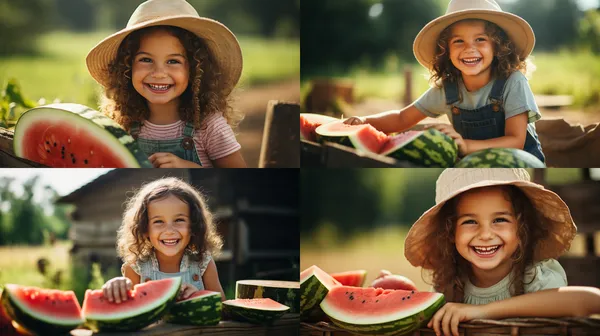 /imagine a little girl eating watermelon on a farm, by Maria Hernandez, unsplash, joyful expression, green fields, sunny day, bright colors, rustic atmosphere, wooden fence, straw hat, freckles, pure happiness, blissful moment --relax --aspect 16:9 --version 5.2 --quality 2 --stylize 250