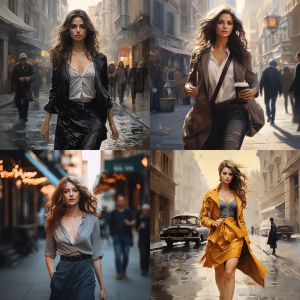 /imagine A beautiful woman is walking on the street --relax --aspect 1:1 --version 5.2 --quality 1 --stylize 100 --iw 1