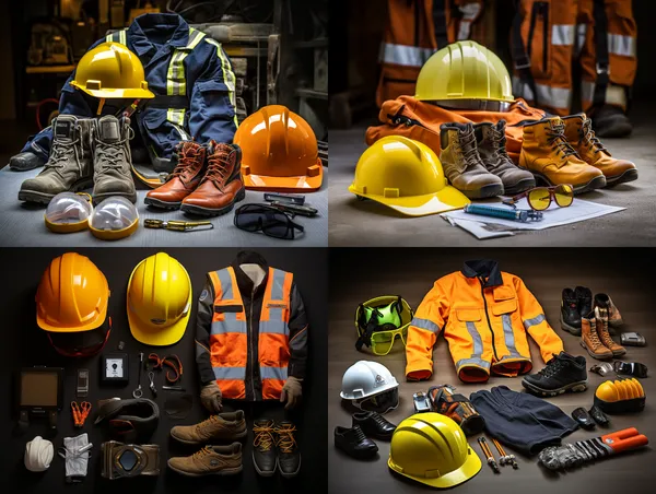 /imagine safety equipment for a construction worker in Hong Kong, including helmet, safety shoe, safety vest, gloves, safety spectacles, high detailed  --relax --aspect 4:3 --version 5.2 --quality 1 --stylize 100