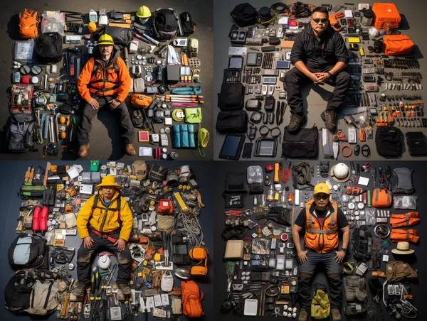 /imagine Knolling, A 50 years old Chinese man, construction worker, lassic shaved fade hair, wears outdoor wear, macho, cool with sun glasses, The man is in the center of the picture, he is surrounded by his gadgets, workwear, safety shoes, helmets and hard hats, backpack, tool belts and accessories, waterproof jackets, all other gadgets is placed in equal proportions, Many parts, clean background, hyper quality, 8k --relax --aspect 4:3 --version 5.2 --quality 2 --stylize 100
