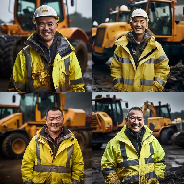 /imagine A group of 50 years old Chinese man, a construction worker, wearing a yellow Hi Vis Waterproof Jacket, smiling, standing in front of a bulldozer, in a construction site, raining, front view, full body, high clarity, 8000k  --relax --aspect 1:1 --version 5.2 --quality 2 --stylize 100