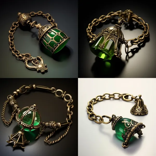 /imagine Please generate a bronze bell bracelet, the kind with a slight glow around it; green color, anime style is required
 --relax --aspect 1:1 --version 5.2 --quality 1 --stylize 100