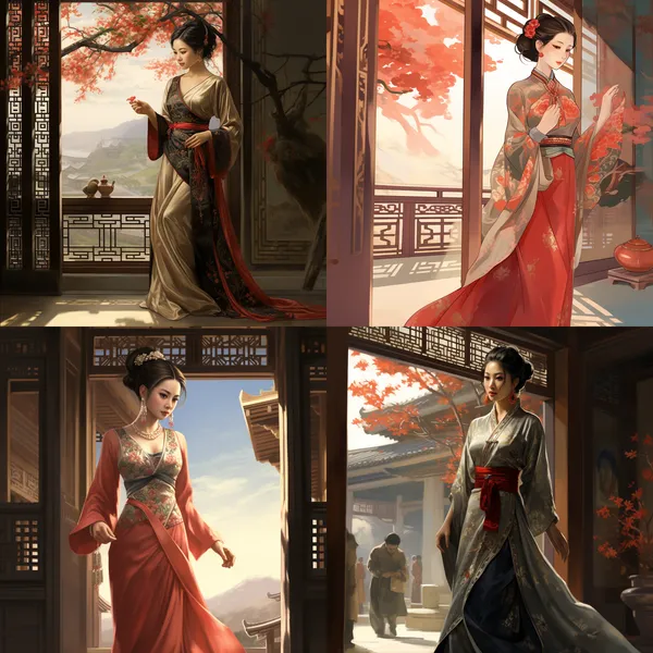 /imagine Please generate a comic panel, scene: A charming lady boss steps out gracefully from the back hall. She is dressed in a brocade long dress, with a slender waist and a face as pretty as peach blossoms. Just as she gently parts her red lips...，ancient Chinese style --relax --aspect 1:1 --version 5.2 --quality 1 --stylize 100
