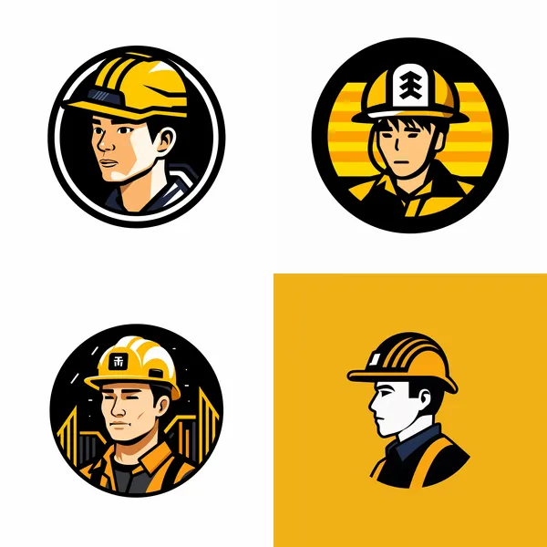 /imagine japanese style LOGO, a construction worker wearing a safety cap, black and yellow lines, white blackground, flat design --relax --aspect 1:1 --version 5.2 --quality 2 --stylize 100