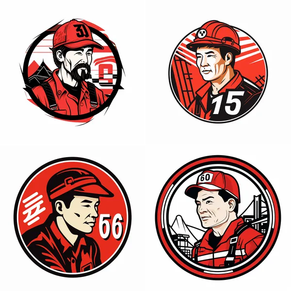 /imagine japanese style LOGO, a 50 years old Chinese construction worker, black and red lines, white background, flat design, pop art --relax --aspect 1:1 --version 5.2 --quality 2 --stylize 100