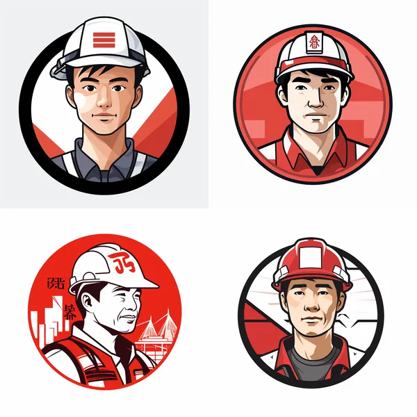 /imagine Japanese style LOGO, a 50 years old Chinese construction worker wearing a safety cap, grey and red lines, white background, flat design  --relax --aspect 1:1 --version 5.2 --quality 2 --stylize 100