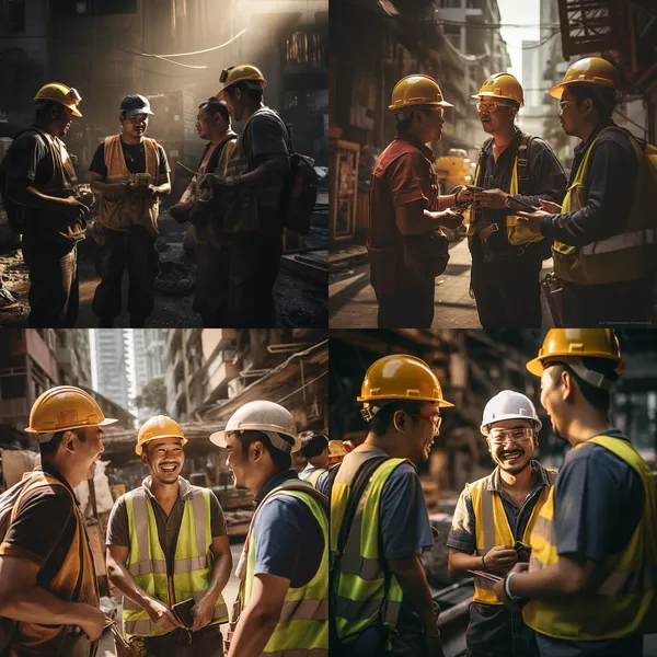 /imagine a group of hong kong construction workers, wearing dirty workwear, crossbody bag and a yellow helmet, working and chatting together in a construction site, super clarity, backlight style --relax --aspect 1:1 --version 5.2 --quality 2 --stylize 100