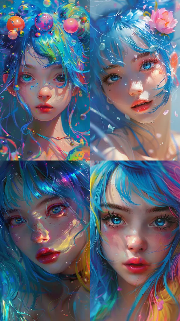/imagine a blue, girl with colorful hair, in the style of yanjun cheng, clowncore, 32k uhd, painted illustrations, close up, lively tableaus, kawaii art HD 8K --relax --aspect 9:16 --version 6 --quality 2 --stylize 100
